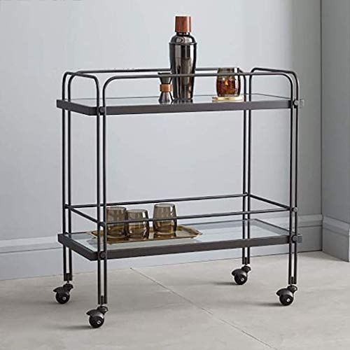 Carrito de servicio de 2 niveles de estilo industrial con parte inferior de espejo y parte superior de vidrio templado para bar, té, vino y almacenamiento de cocina