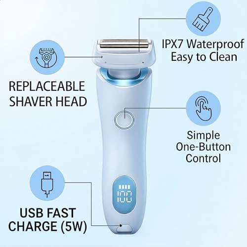 Image of Livora Electric Shaver for Women, SilkGlide Cordless Razor for Legs Underarms Bikini, Painless Hypoallergenic Lady Trimmer, IPX7 Waterproof Wet Dry Use, USB Rechargeable (Blue)
