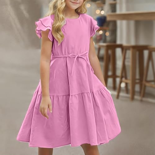 Girls Cotton Linen Dress Summer Casual Party Double-Ruffle Sleeves Dresses Loose A-Line Flowy Dress with Drawstring4