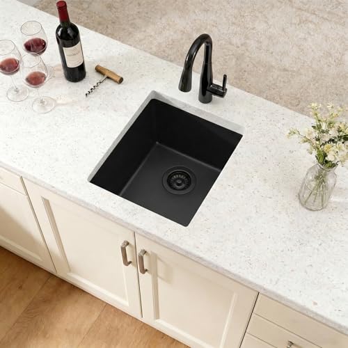 Black Bar Sink, 13" x 15" x 10" Undermount Kitchen Sink, 13 Inch Small and Deep Single Bowl Granite Composite Kitchen Sink with Accessories, 13 x 15 Matte Black Quartz Stone Bar Sinks