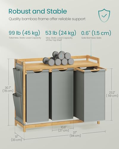 SONGMICS Laundry Basket with 3 Compartments, Laundry Hamper, Holds up to 150 L, Laundry Sorter, with Shelf, Laundry Bag, Side Pockets, 3 x 50 L, 94 x 33 x 78 cm, Dove Grey RLH115G01 - Image 6