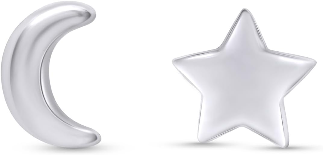 Asymmetric Earrings Half Moon And Star Lovely Charm Stud Earrings for Women's in 14k Gold Plated Sterling Silver With Push Back Womens Jewelry, gift for her, wife,
