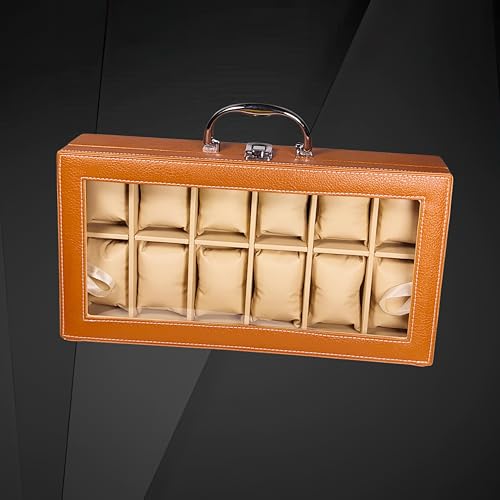 Image of ZAFCO PU Leather Watch Box Organizer with Acrylic Top, Lock & Handle - Luxury Watch Storage Case with Soft Cushions for Men & Women - Large Display Watch Holder -Tan 12 Slot