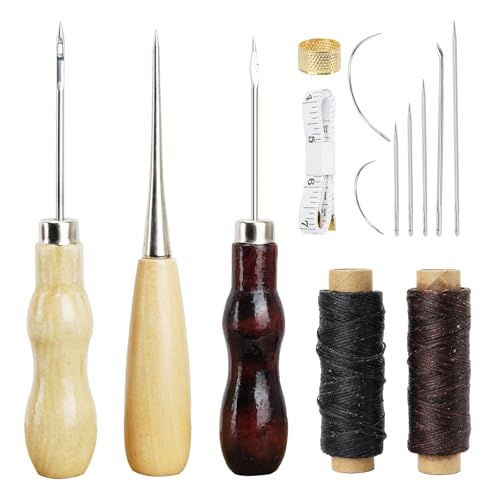 Agujas de Coser con Hilo, Kit de Costura para Cuero, 2 Rollos de Hilo Encerado para Guarnicionería con Punzón y Dedal, para Artesanía en Cuero, Reparaciones