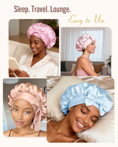 Image of BONNET QUEEN Silk Bonnet for Sleeping Women, Double layer Satin Hair Bonnet for Curly Hair, Satin Hair Cap for Sleeping