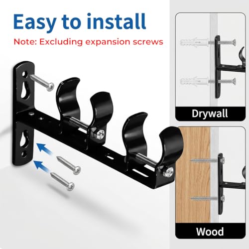 Image of HASTHIP Double Layer Wall Mounted Curtain Rod Brackets with Screw Kit, Telescopic Carbon Steel Curtain Holders, Black Finish Drapery Rod Support Brackets for Window Treatment Hardware