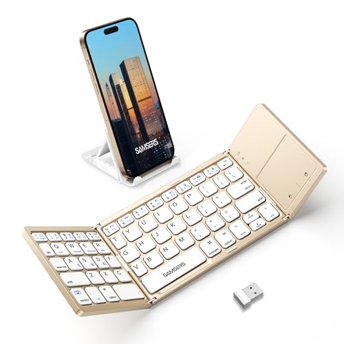 Image of Samsers Foldable Bluetooth Keyboard with Touchpad, Ultra Slim Compact, Gold | Multi-touch Trackpad, Full Size, Phone Holder, USB-C Charging, 3 Device, for Android Windows iOS Mac OS, Mobile Productivity