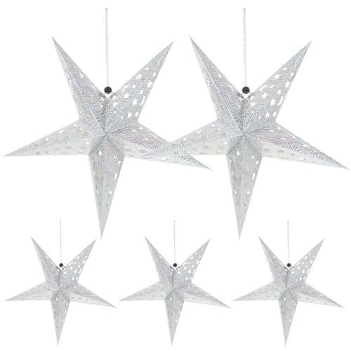 Minkissy Home Accessories Decor 5pcs Paper Star Lantern Lampshade Hanging Christmas Star Ornaments Hanging Star Lamp Christmas Snowflakes Decorations Silver Chinese Wedding Decoration