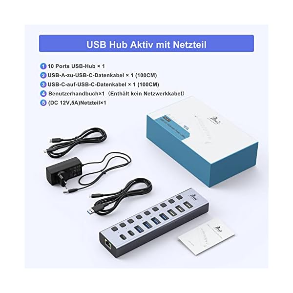 Aluminium USB Hub Aktiv 3.0 mit Netzteil, 10-IN-1 Anschluss USB C Hub, DC 60W (5V/12A) Verteiler zum Laden und zur… – Bild 9