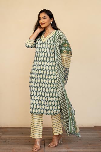 Image of MIRCHI FASHION Women's Straight Fit Pure Cotton Floral Printed Kurta Set with Dupatta and Pant