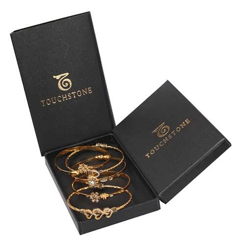 Image of Touchstone Indian Bollywood Handcrafted Engraved Etched Floral Round Rhinestones Cubic Zirconia CZ Designer Jewelry Openable Elegant Gold Plated Bracelets Combos for Women