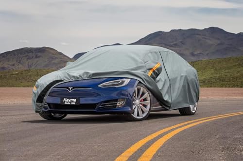 Image of Kayme Heavy Duty Car Cover Waterproof All Weather, Custom Fit for Tesla Model S, Outdoor Full Exterior Cover with Charging Port and Breathable Ventilation Mesh, Sun and Rain Protection.