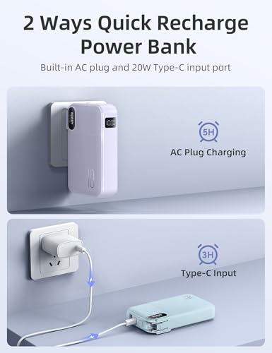 Image of RORRY Portable Charger w /Wall Plug 10000mAh Power Bank 22.5W Battery Pack | Built in Cables, Fast Charging, for iPhone, iPad, Samsung Galaxy, Pixel, LG, Travel Essential, Digital Display, Pocket Size