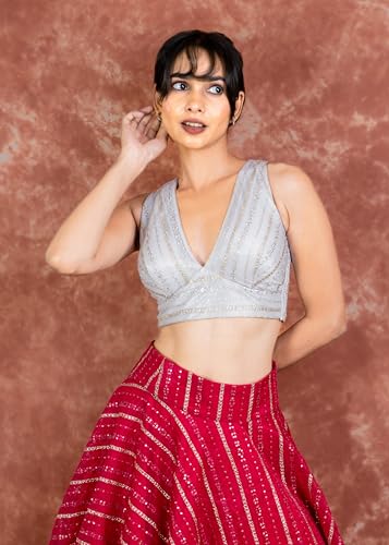 Image of FIGURE'S DESIGNER Women's Sequin Embroidered SabyaSachi Cut V Neck Sleeveless Readymade Saree Blouse E24