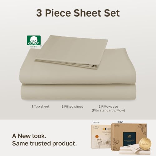Image of Soft Natural 100% Cotton Sateen Twin Size Bed Sheet Set -Beige (Warm Taupe)