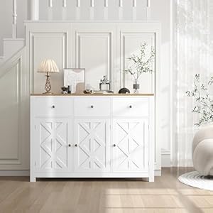 FINETONES Buffet Cabinet with Storage, 47.3” Farmhouse Sideboard Buffet Cabinet, White Kitchen Cabinet Display Cabinet with 3 Drawers and 3 Doors, Wood Coffee Bar Cabinet for Kitchen Dining Room FINETONES Buffet Cabinet with Storage 473 Farmhouse Sideboard Buffet Cabinet White Kitchen Cabinet Display Cabinet with 3 Drawers and 3 Doors Wood Coffee Bar Cabinet for Kitchen Dining Room