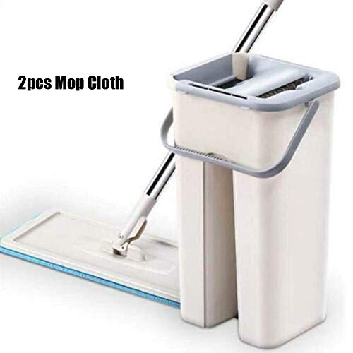 Drawoz Cubo de Fregona Sistema Manos Libres Exprimir 2 IN 1 Lavado Seco con Reutilizable Plano Mopa Almohadillas - 2pcs Paño para Mopa
