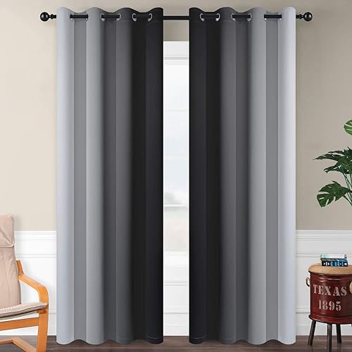 Image of SimpleHome Ombre Black to Grey White Curtains for Living Room 52Wx90L | Room Darkening Curtains for Bedroom,Gradient Light Blocking Curtain,Thermal Insulated Grommet Window Drapes,2 Panels,90 Inch