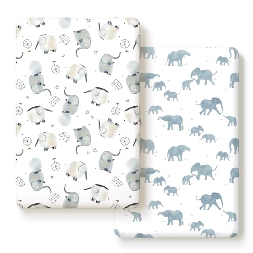 Image of Pack n Play Sheets Fitted 2 Pack, Stretchy Ultra Soft Jersey Knit Pack and Play Sheets, Universal Fitted Portable/Mini Crib Mattresses Snug and Safe, Cute Elephant Print for Boys and Girls