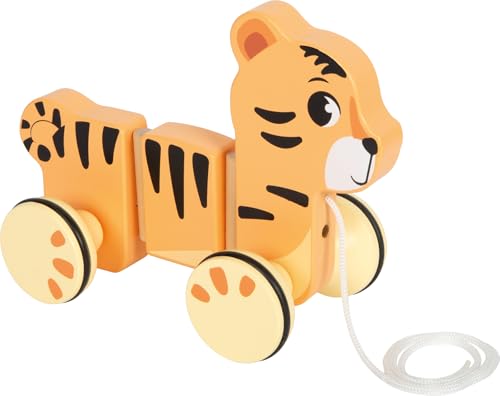 small Foot Nachziehtier Tiger „Safari“, Flexibler Zieh-Tiger aus FSC® 100%-zertifiziertem Holz, Motorikspielzeug für Kinder ab 12 Monaten, 12733, Orange