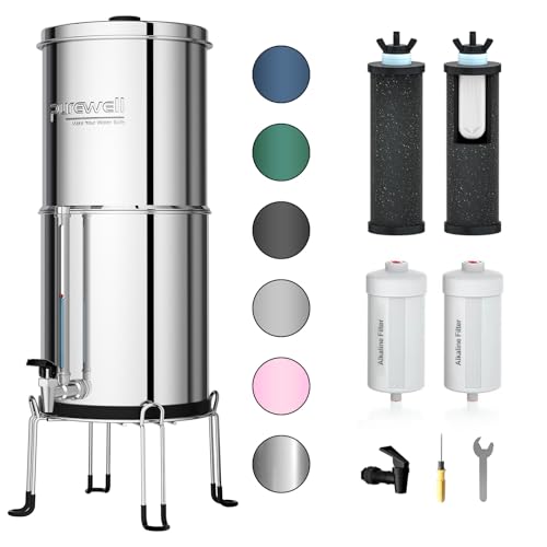 Purewell 7-Stage 0.01μm Ultra-Filtration Alkaline Water Filter System with 4 Filters, Metal Water Level Spigot and Stand, 304 Stainless Steel, Reduce Fluoride & Chlorine, pH 8-9, 2.25G, PW-OB-FT