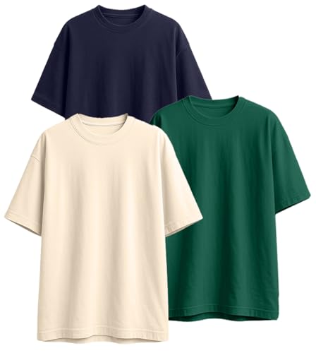 Image of Veirdo 100% Pure Cotton Drop Shoulder Oversized Baggy Fit Half Sleeve Plain Solid Round Neck Multicolor T-Shirt Combo for Men (Pack of 3) (Sizes S-2XL)