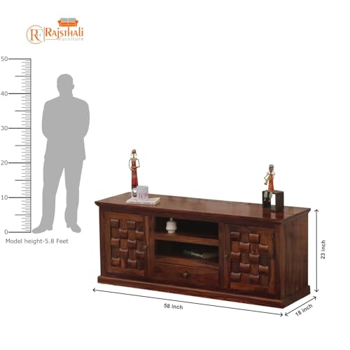 Image of Solid Wood TV Unit for Living Room 55 Inch Furniture - Wooden TV Unit with Storage Cabinet with 1 Drawr, 6 Shelves Wooden TV Cabinet for Living Room - Fits up to 55-Inch TV (Nathan)