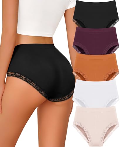 READY TO LOVE Womens Underwear High Waisted Lace Panties Breathable Full coverage Postpartum Tummy Control Brief 5-Pack