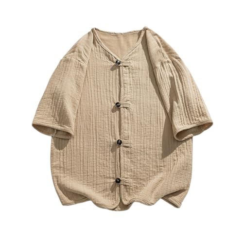 Camisa de lino manga corta hombre holgada cuello alto retro