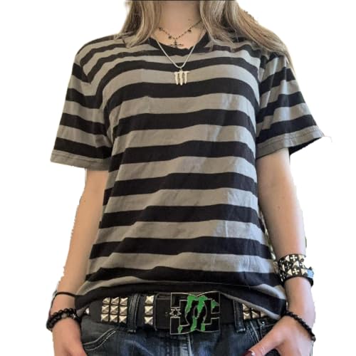 Women Vintage Grunge Top Short Sleeve Striped T-Shirt Goth Emo Tee Shirt Y2K Aesthetic Clothes Harajuku