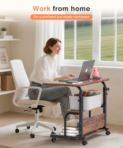 Portable Rolling Desk on Wheels Adjustable Height Desks for Small Spaces, 32" Computer Desk with Storage Shelves for Home Office Rustic - Image 3