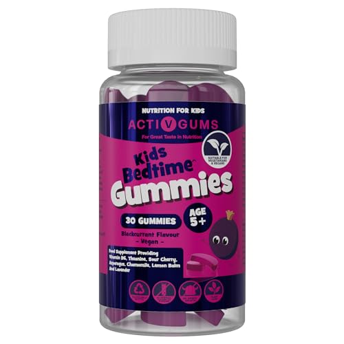Kids Bedtime 30 Vegan Gummies | Blackcurrant Flavour | Melatonin & 5HTP Free Contains Vitamin B6 Montmorency Cherry Chamomile | Resealable & Recyclable Pouch | Suitable for Ages 5+ By ActivGums