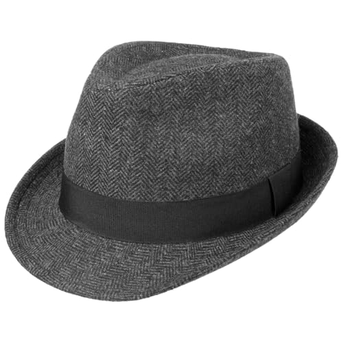 Lipodo Classic Trilby Hut Fischgratmuster Ripsband Damen und Herren Sommer Winter schwarz-grau M (57-58 cm)
