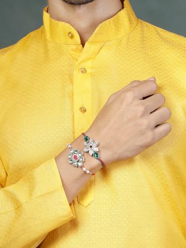Image of Sukkhi Elegant Kundan Designer Gold Plated Premium Rakhi for Brother, Roli Chawal & Greeting Card | Combo-Set of 2