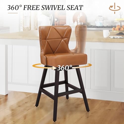 Image of Cozyman Counter Height Bar Stools, 30 inch H Swivel Bar Stool with Back, Faux Leather Counter Stool, Solid Wood Legs, Retro Upholstered Barstools for Kitchen Island, Home Bar, Pub, Yellowish-Brown