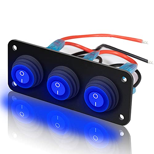 Gebildet 3 gang Panel de Interruptor Basculante,15A 12V-24V CC SPST 3 pines 3 posiciones de Encendido/Apagado Redondo Azul LED Interruptor Basculante para Luces Automáticas, Coche, Barco Marino, Yate