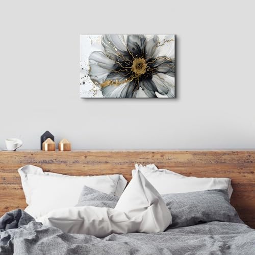 Image of Black and White Gold Abstract Wall Art Modern Wall Decor Marble Flower Fluid Picture Canvas Prints for Bathroom Living Room Watercolor Minimalist Abstracted Painting Artwork Home Decoration 16x24 inch
