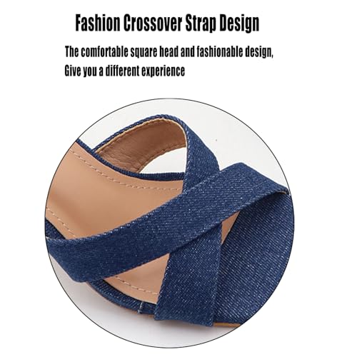 AMAZIDEAL Women's Denim Square Open Toe Kitten Heel Sandals,Summer Fashion Backless Slip-on Kitten Heels Mules,Sexy Party Dress Sandals4