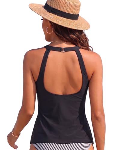 Image of Holipick Tankini Tops for Women High Neck Swim Top Only | Tummy Control, Support Removable Pads, Full Coverage, Open Back, Neck Hook, Soft Stretch Fabric, Beach and Resort