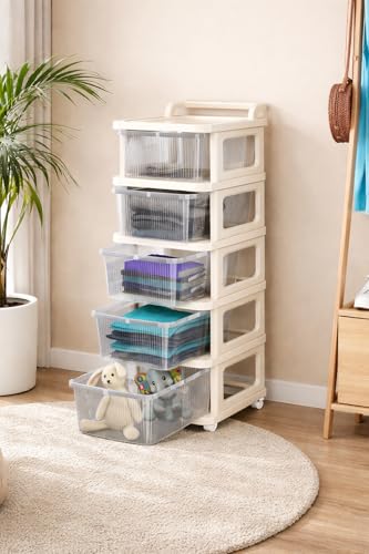 Image of KITCHIVO Heavy Duty Plastic Storage Drawer with Wheels | Modular Cabinet for Bedroom, Office, Home or Classroom| Chest of Drawers Organiser for Cosmetics, Kitchen items, Toys (White, 5)