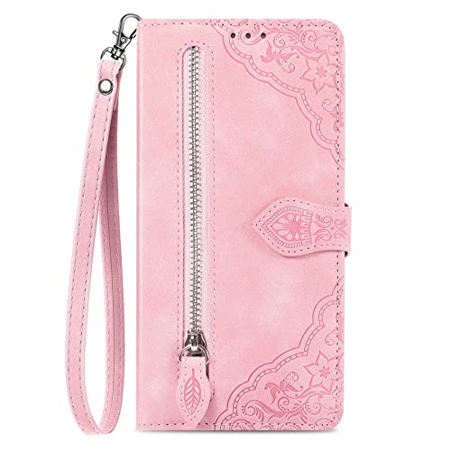 NEXCURIO Zip Wallet Case Compatible with Apple iPhone 14 Pro Max Phone Case Wallet with Credit Card Holder Strap Stand Women Leather Flip Case Floral Folding Cover Shockproof