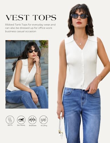 Image of Belle Poque Women's Button Down Tank Tops Summer Ribbed Vest Top Sleeveless V Neck Collared Vest Shirt Slim Fit Going Out Top