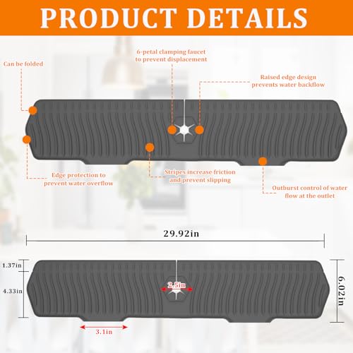 Image of 30 Inch Sink Splash Guard,Longer Silicone Sink Mat for Kitchen Bathroom,Kitchen Faucet,Silicone Sink Faucet Mat Splash Guard, Drip Protector Splash Countertop (Grey)