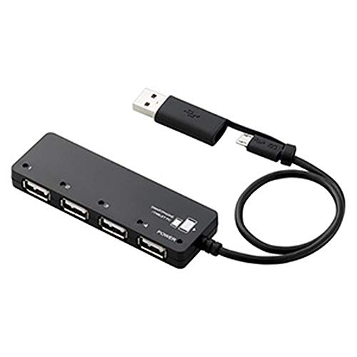 Elecom U2HS-MB02-4BBK USB 2.0 Micro USB Hub, 4 Ports, Bus Power Micro USB Cable + Converter Adapter Included, Black