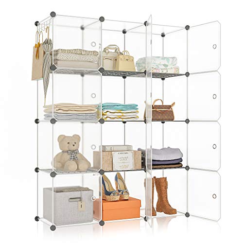 YOZO Cube Storage Organzier Portable Closet Wardrobe Bedroom Dresser (42x14x56 inches) Portable Closet Cube Shelf Armoire Pantry Cabinet, 12 Cubes, Transparent White