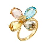 Kokoma Crystal Flower Statement Ring for Women Multi-Color CZ Stones Bohemian Floral Ring Promise Engagement Rings Wedding Band Adjustable Fashion Jewelry (Colorful)