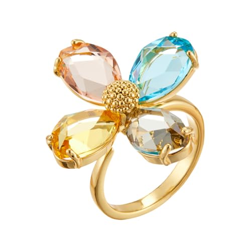 Kokoma Crystal Flower Statement Ring for Women Multi-Color CZ Stones Bohemian Floral Ring Promise Engagement Rings Wedding Band Adjustable Fashion Jewelry (Colorful)
