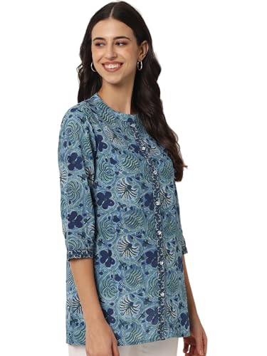 Image of FABRIC FITOOR Women's Jaipuri Pure Cotton Floral Print Mandarin Collar 3 /4th Sleeve Blue Color Shirt Top