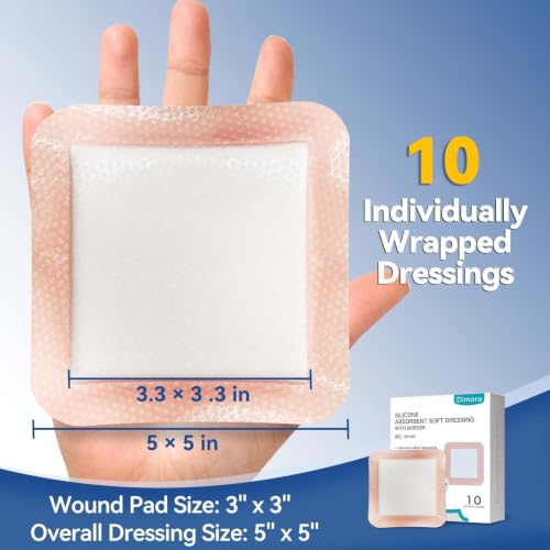 Image of Dimora Silicone Super Absorbent Wound Dressings - Gentle Adhesive Bandages with Ultrasorb Polymer,Heavy Exudate Wound Care Pads 5 inchX 5 inch 10 Count