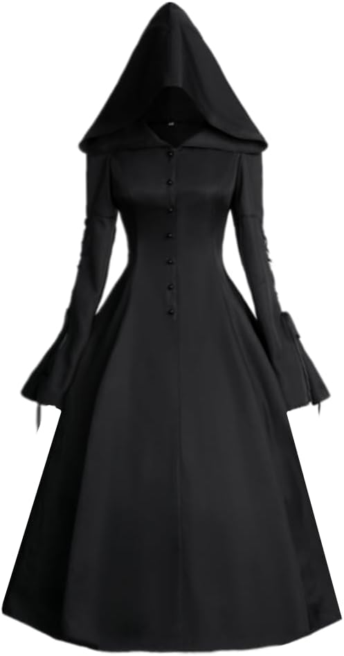 Gothic Hooded Witch Dress for Women Black Victorian Halloween Cospaly Costume Vampire Medieval Renaissance Dresses